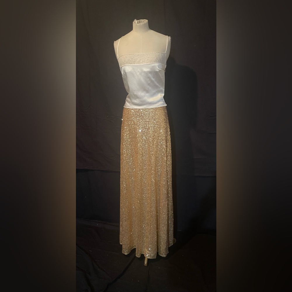 Glamorous Designer Gold Sequin Maxi A-Line Skirt Ivory Silk Top 2 NWOT